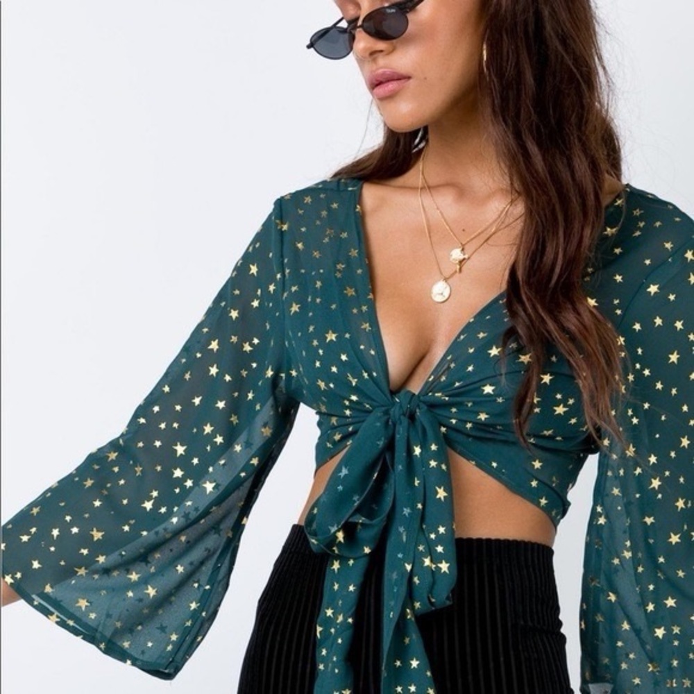 Princess Polly Green Star Print Tie-Front Top